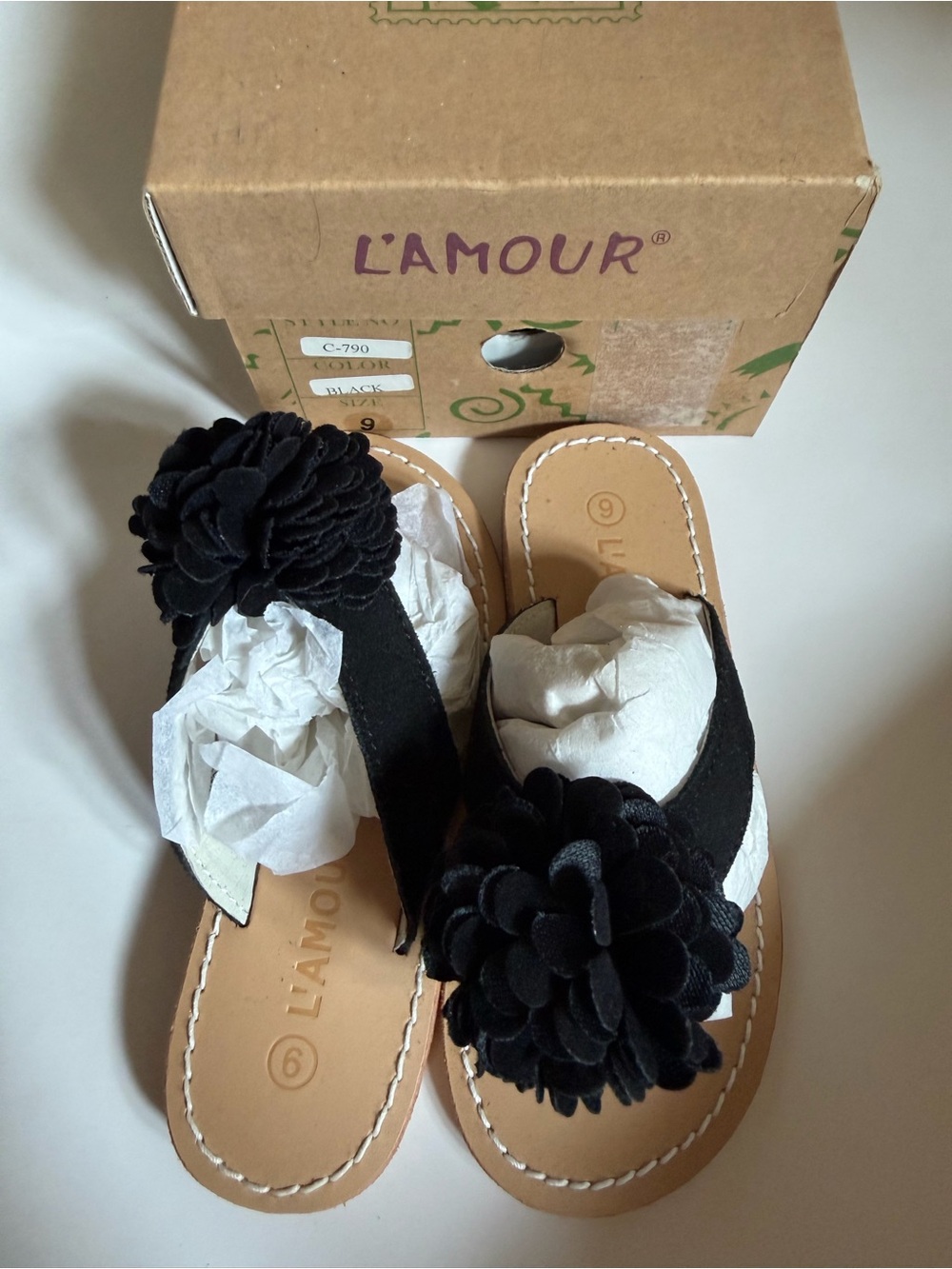 L'Amour Black Floral Suede Slide Sandals with Flower Appliqués